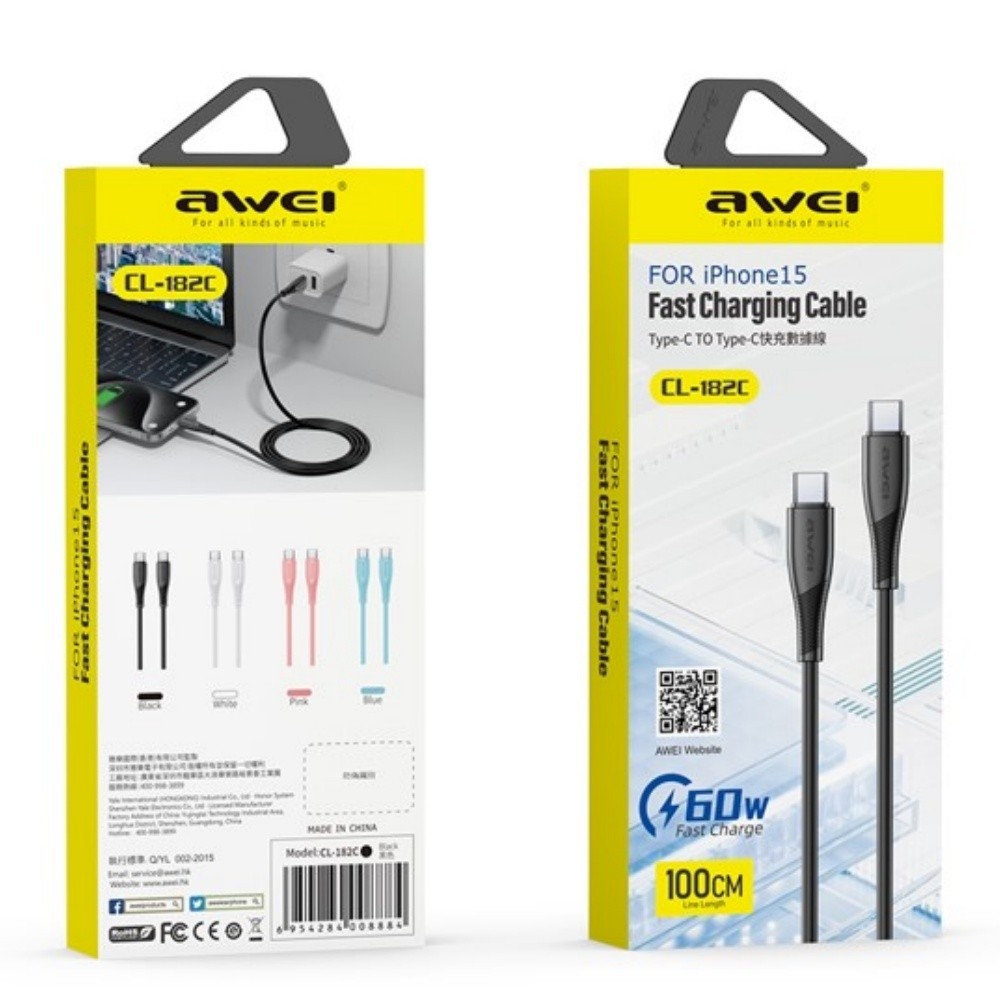USB kabelis Awei CL-182C USB-C uz USB-C 1.0m, balts