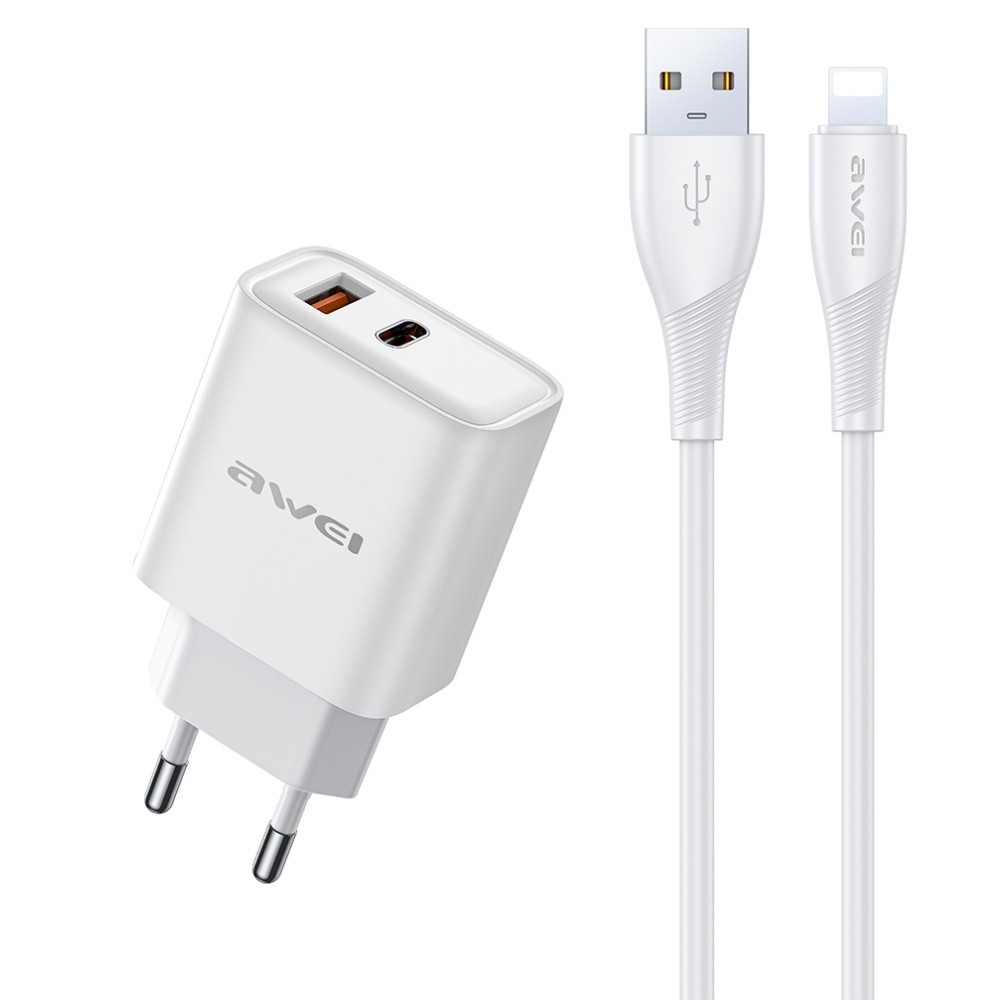 Lādētājs Awei PD81L-EU 22.5W USB-A/USB-C + USB uz Lightning kabelis 1.0m balts