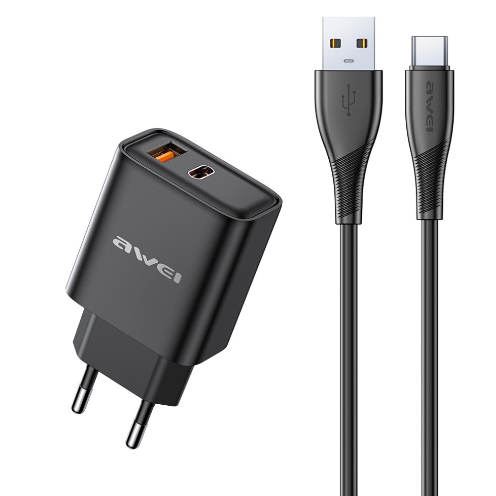 Lādētājs Awei PD81T-EU 22.5W USB-A/USB-C + USB-A uz USB-C kabelis 1.0m melns