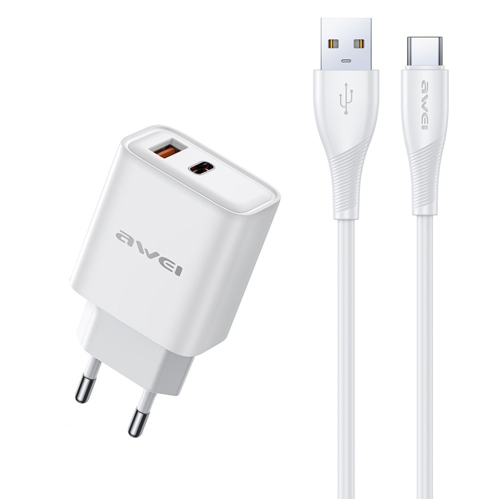 Lādētājs Awei PD81T-EU 22.5W USB-A/USB-C + USB-A uz USB-C kabelis 1.0m balts