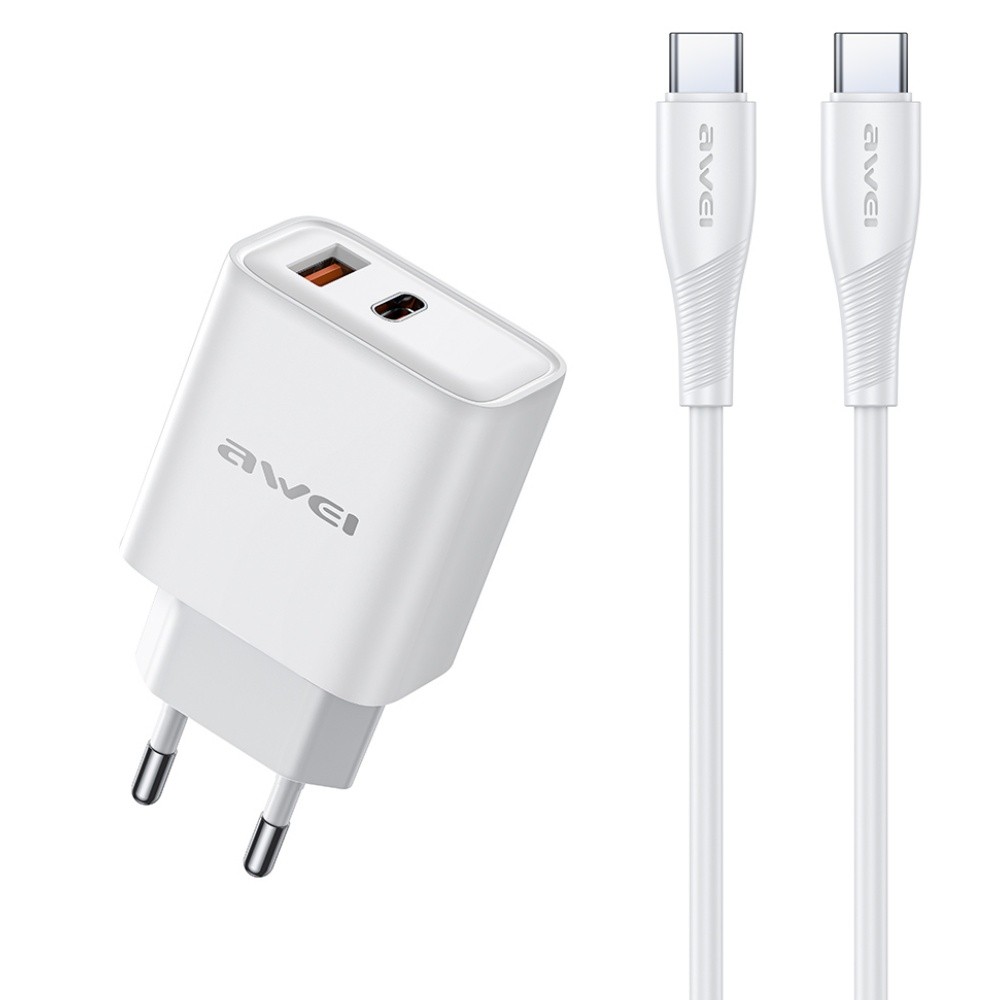 Lādētājs Awei PD81C-EU 22.5W USB-A/USB-C + USB-C uz USB-C kabelis 1.0m balts