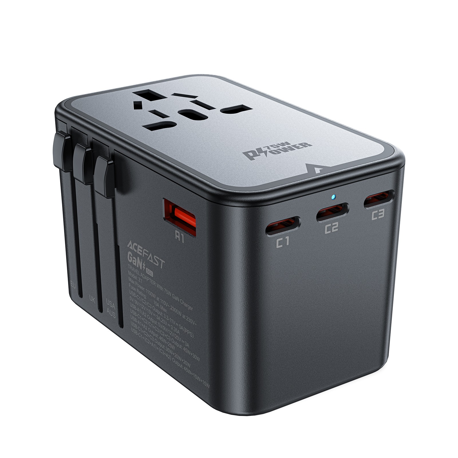 Acefast Z1 GaN 75W PD ceļojumu lādētājs adapteris 3x USB-C 2x USB-A - melns