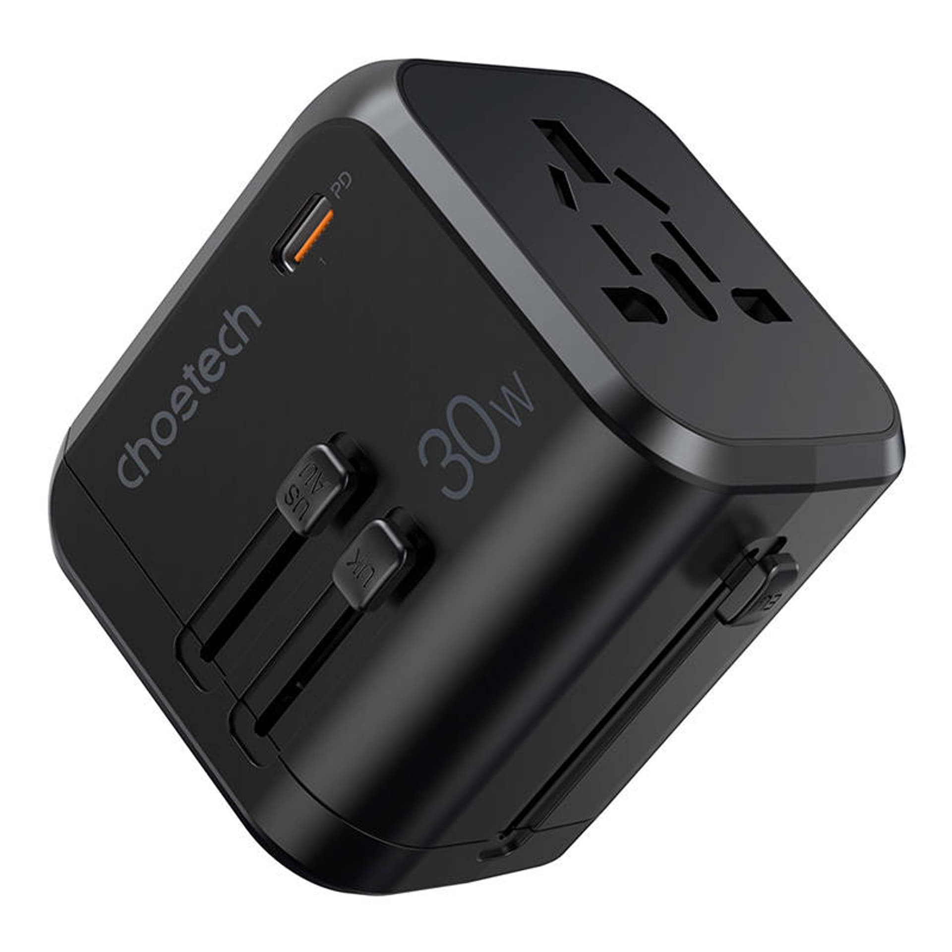 Ceļojumu lādētājs Choetech PD5008, 3xUSB-A, 2xUSB-C, GaN, 35W, US/EU/UK/AU (melns)