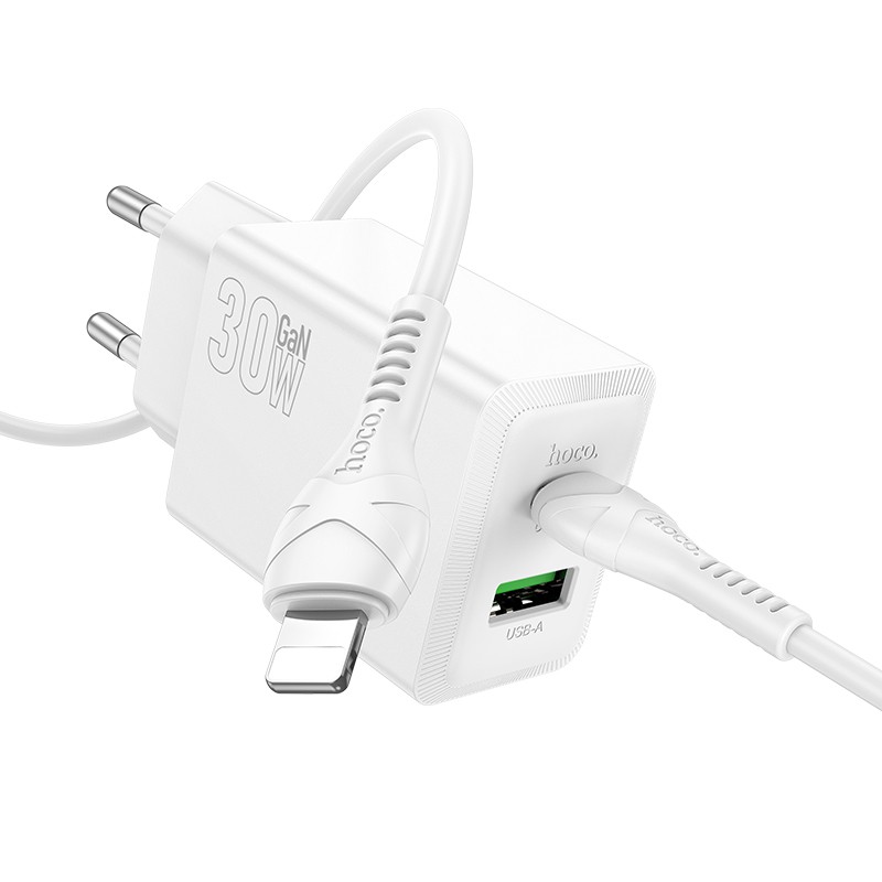 Lādētājs Hoco N71 30W GaN USB-C/USB-A + USB-C uz Lightning kabelis 1.0m, balts