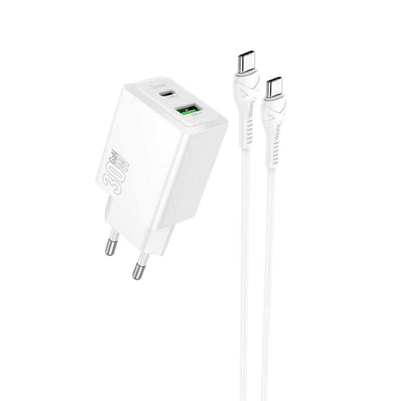 Lādētājs Hoco N71 30W GaN USB-C/USB-A + USB-C uz USB-C kabelis 1.0m, balts