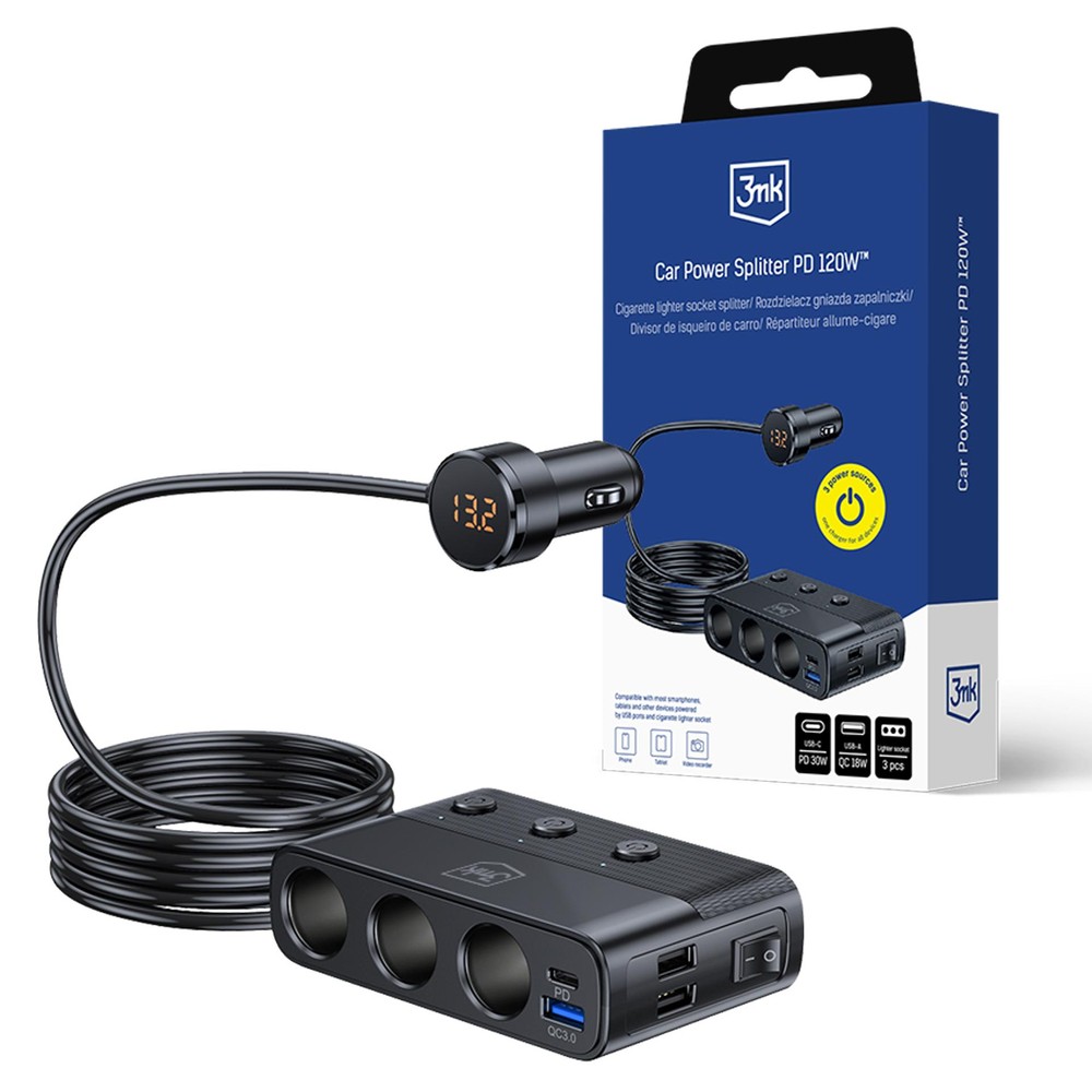 Auto lādētājs 3mk Auto strāvas sadalītājs 120W 3xUSB-A/USB-C/3xDC