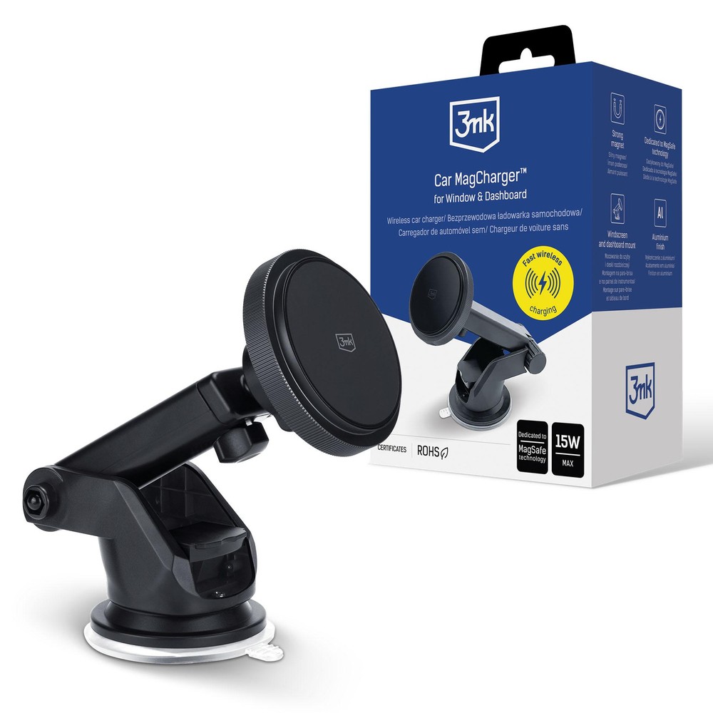 Auto lādētājs-turētājs 3mk Car MagCharger 15W (vējstikls/galda panelis), melns