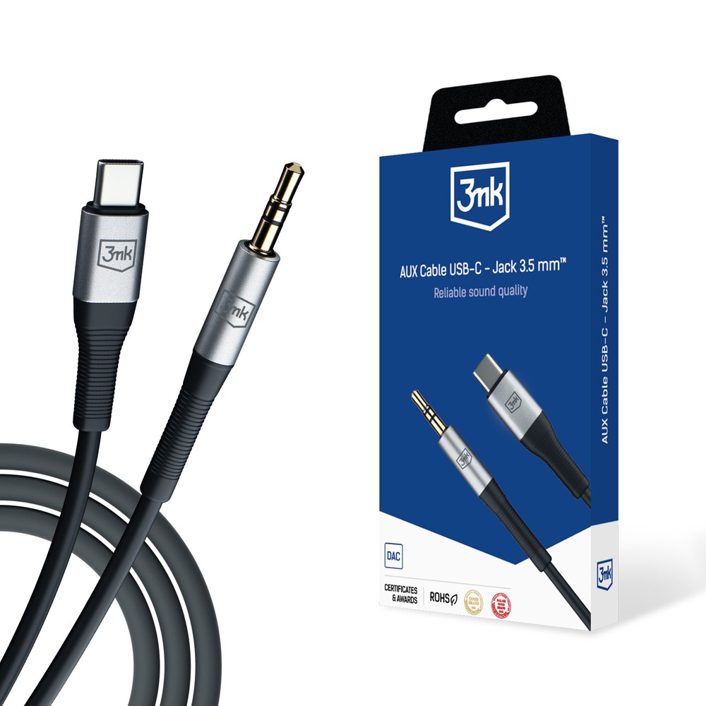 Audio kabelis 3mk USB-C uz 3,5 mm 1,0 m melns