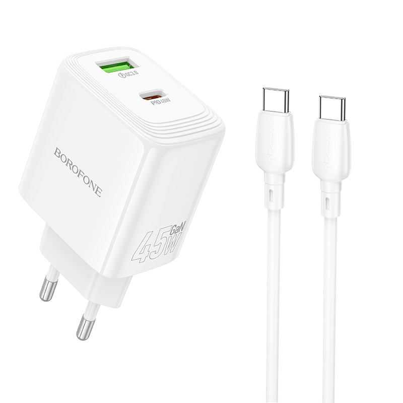 Borofone sienas lādētājs BN30 Cargador GaN - USB + Type C - QC 3.0 PD 45W ar Type C uz Type C kabeli balts