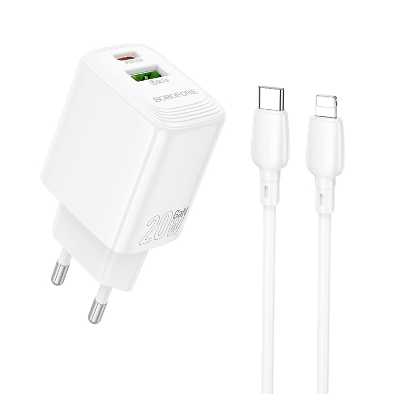 Borofone sienas lādētājs BN27 Fuente - USB + Type C - QC 3.0 PD 20W ar Type C uz Lightning kabeli balts