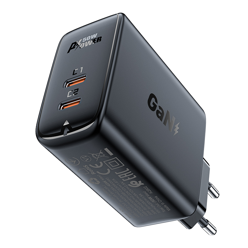 Acefast A29 PD50W GaN (USB-C + USB-C) divu portu lādētājs melns