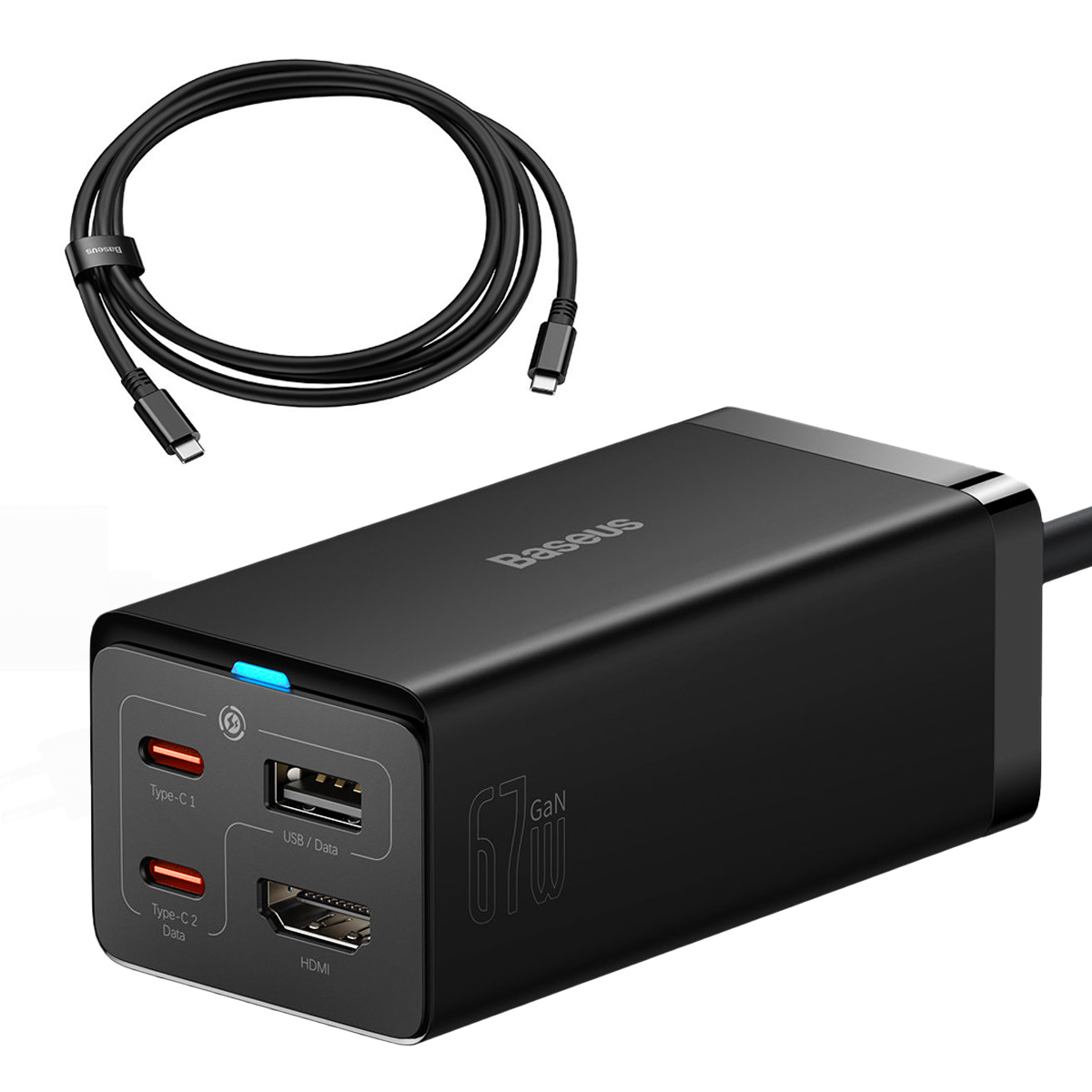 Baseus ātrais lādētājs GaN5 Pro HUB HDMI 2 x USB-C / USB-A / HDMI 4K 30Hz 1.5m melns + USB-C kabelis - USB-C 100W 40Gb/s (USB4) 1m (CCGP110201)