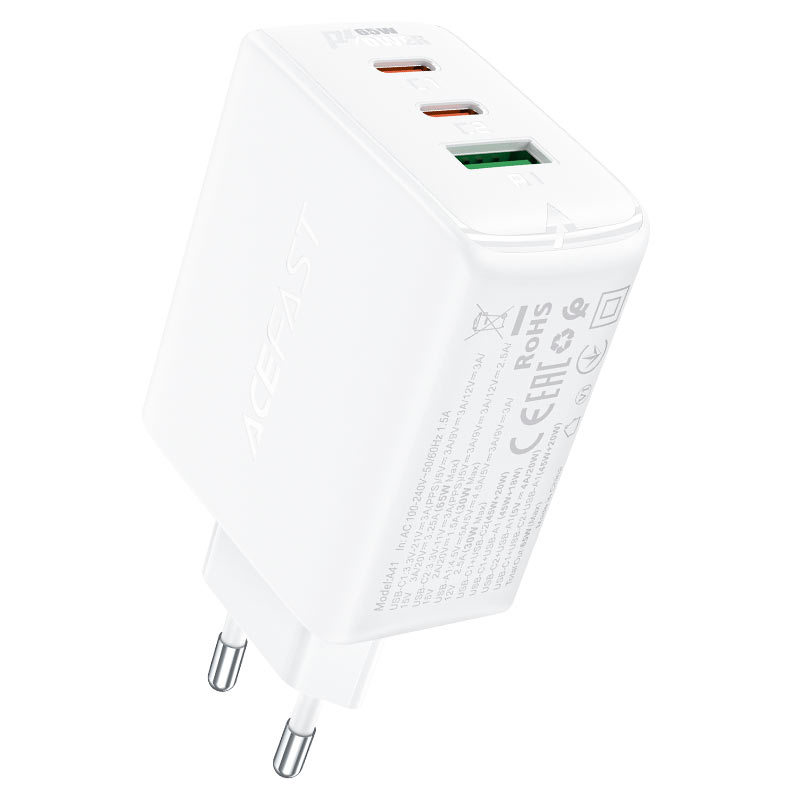 Acefast ātrais lādētājs GaN (2xUSB-C / USB-A) PPS / PD / QC4+ 65W balts (A41)