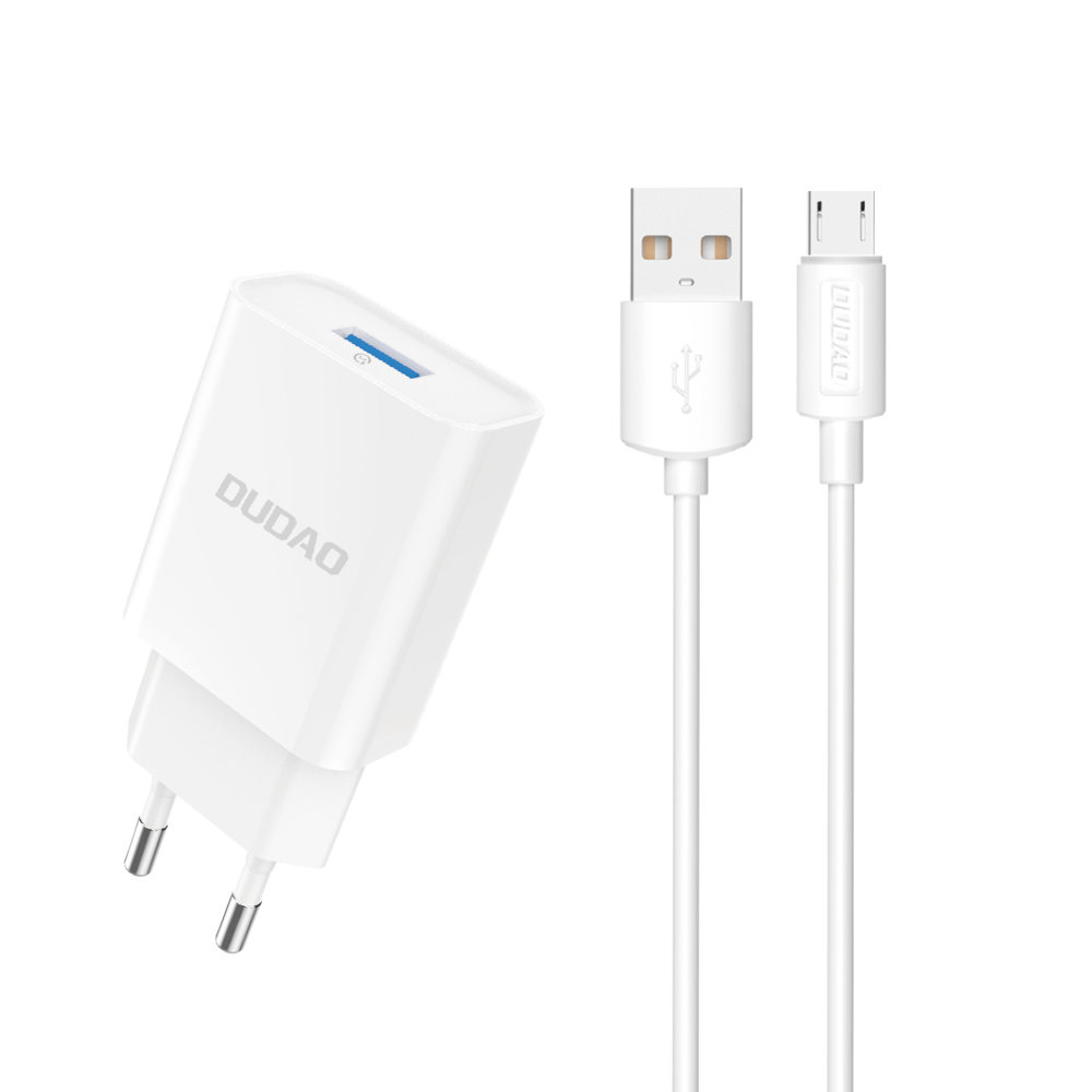 Dudao A4EU USB-A 2.1A sienas lādētājs - balts + USB-A - micro USB kabelis