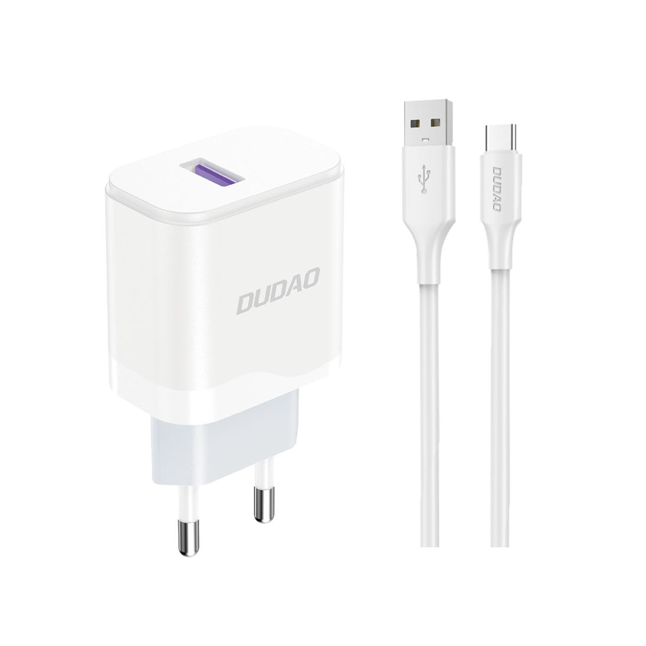 Dudao A20EU USB-A 18W sienas lādētājs - balts + USB-A - USB-C kabelis