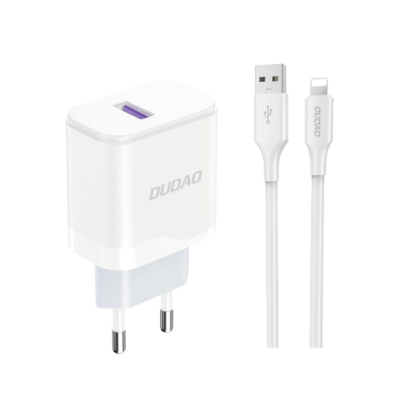 Dudao A20EU USB-A 18W tīkla lādētājs - balts + USB-A - Lightning kabelis