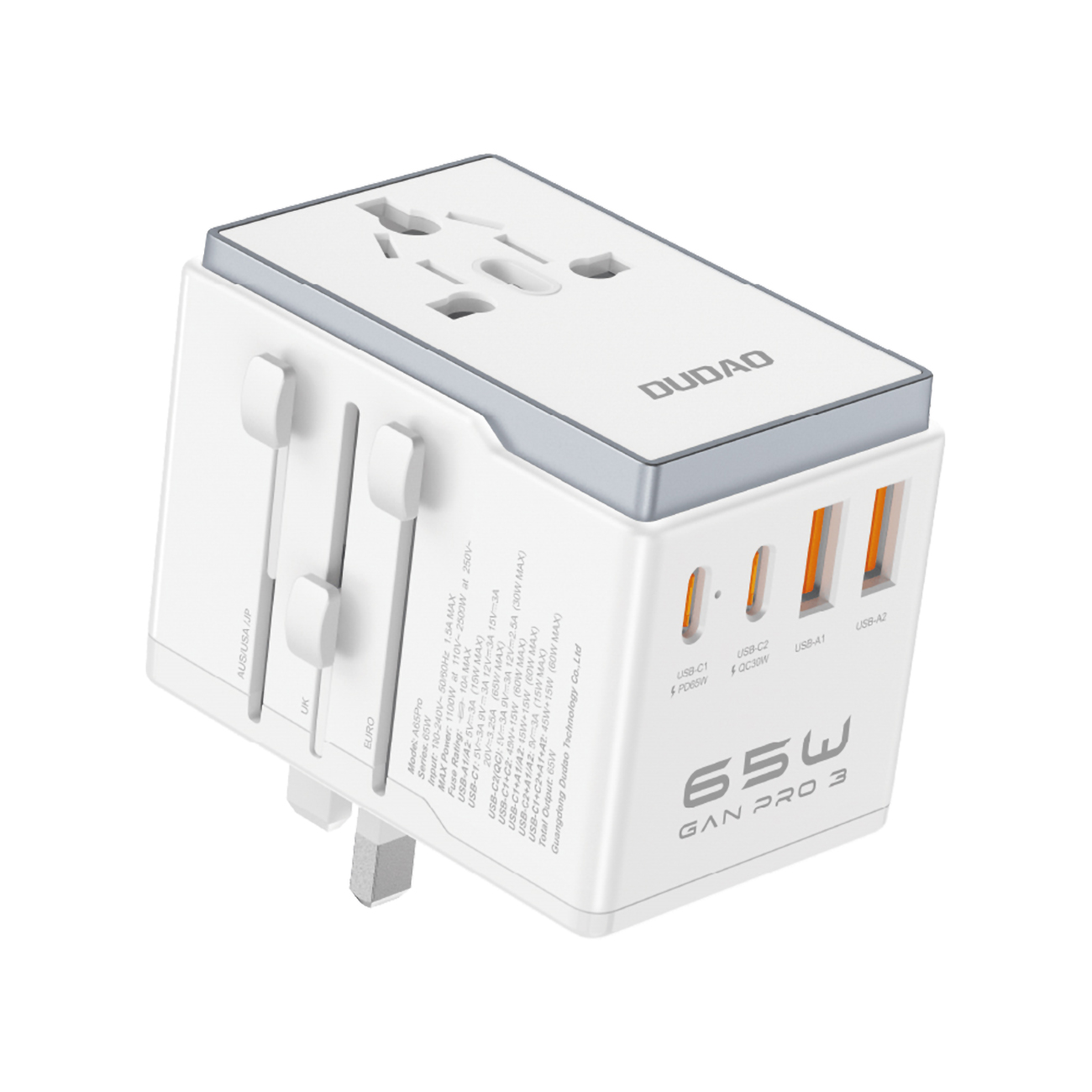 Dudao A65Pro 65W ceļojumu adapteris EU / US / JP / AUS / UK 2x USB-C 2x USB-A - balts