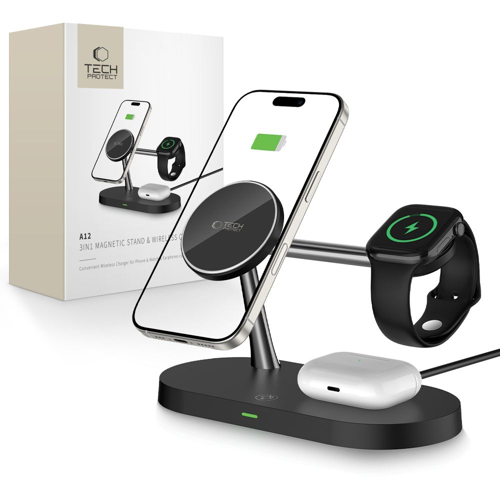 Tech-Protect A12 3in1 MagSafe indukcijas lādētājs viedtālrunim / austiņām / viedpulkstenim - melns