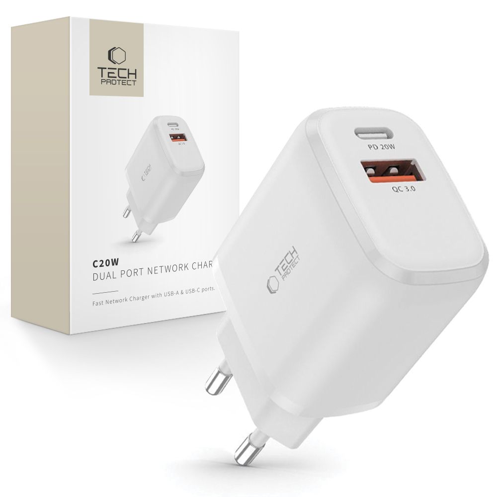 Tech-Protect C20W lādētājs USB-C PD 20W / USB-A QC 3.0 - balts