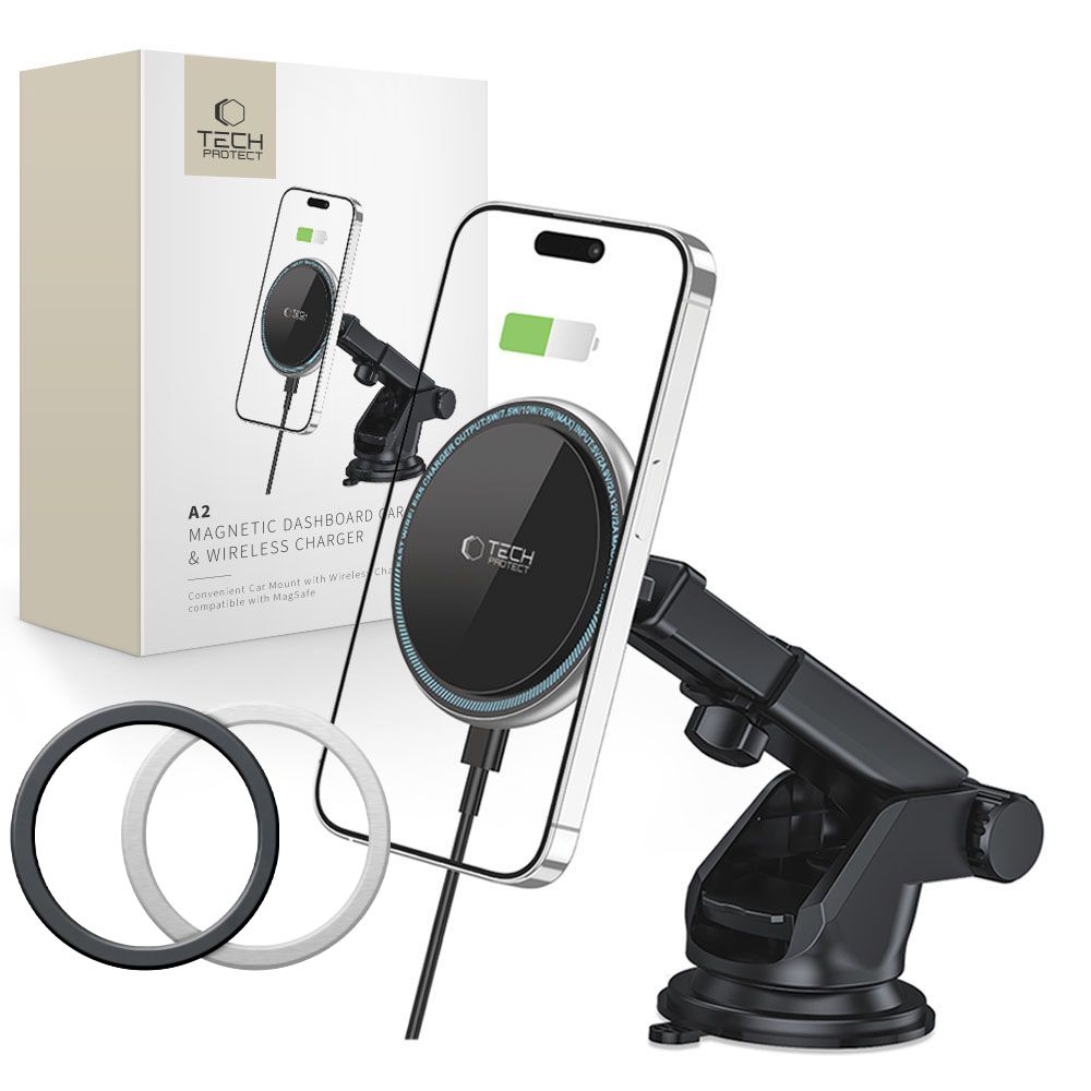 Tech-Protect A2 automašīnas tālruņa turētājs ar MagSafe 15W indukcijas lādētāju panelim - melns