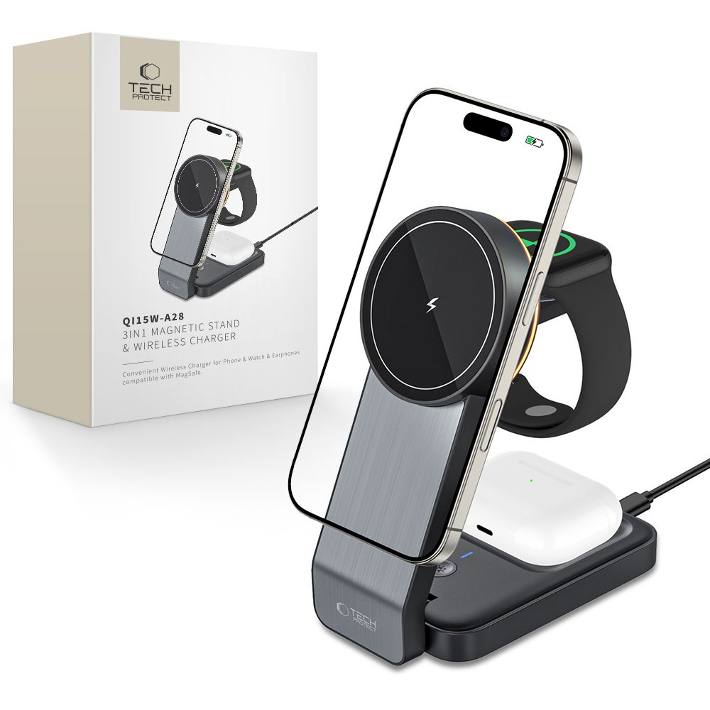 Tech-Protect QI15W-A28 MagSafe 3in1 indukcijas lādētājs ar statīvu viedtālrunim / Apple Watch / AirPods - melns