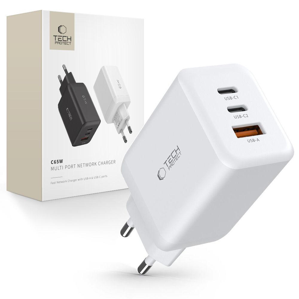 Tech-Protect C65W lādētājs 2x USB-C PD 65W / USB-A QC 3.0 - balts