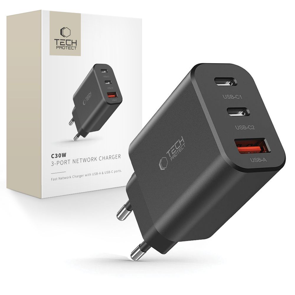 Tech-Protect NC30W lādētājs 2x USB-C PD 30W / USB-A QC 3.0 - melns