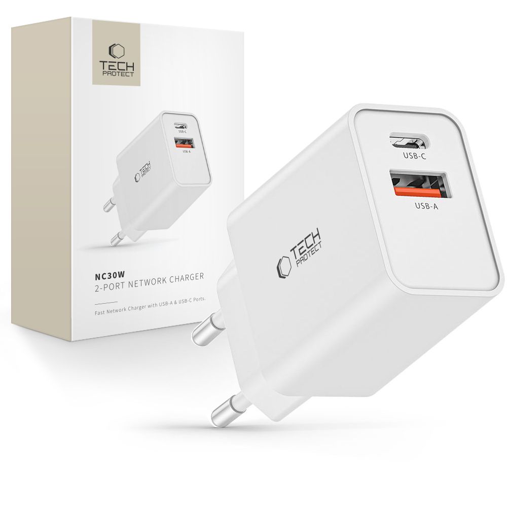 Tech-Protect NC30W USB-C PD 30W / USB-A QC 3.0 lādētājs - balts
