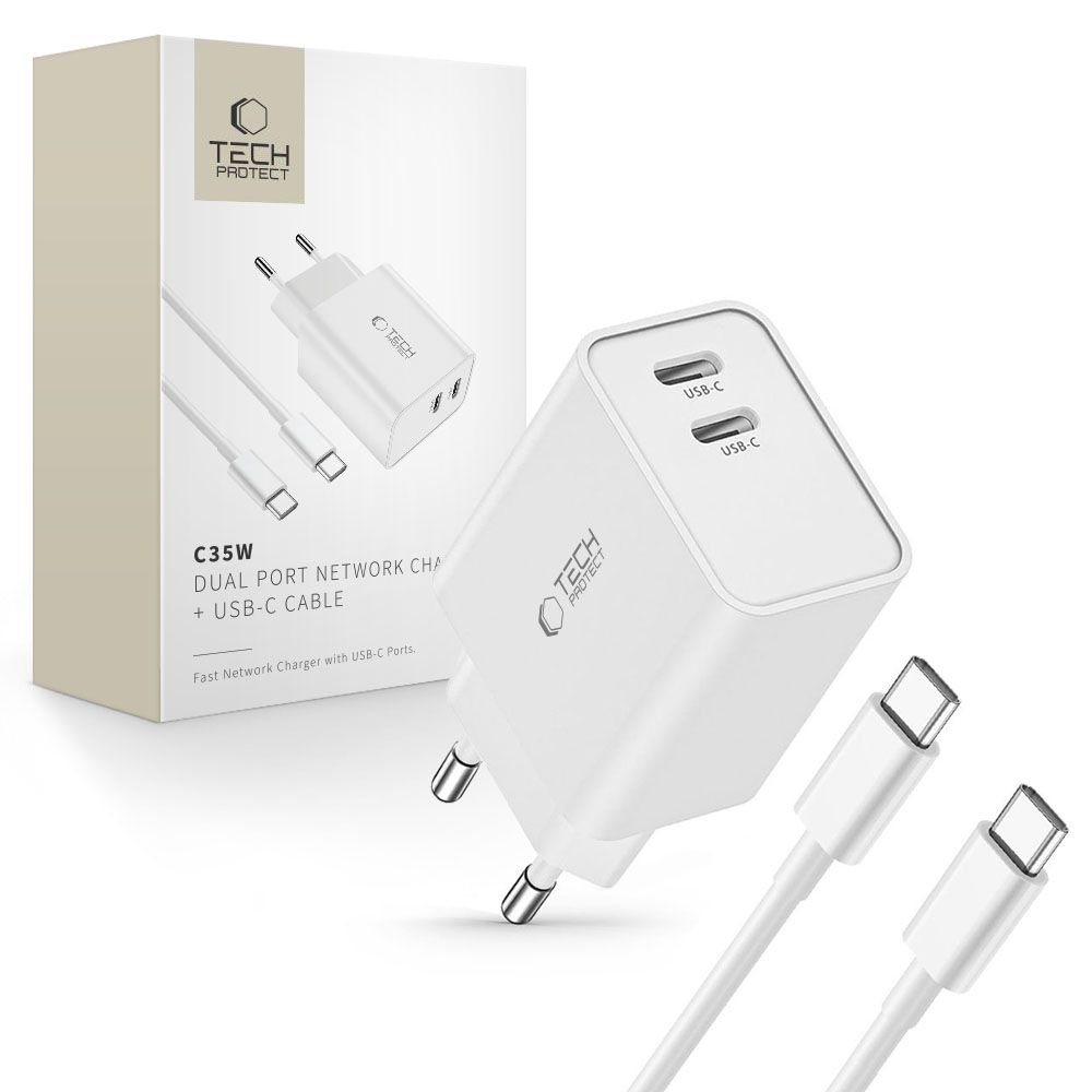 Tech-Protect C35W 2x USB-C PD 35W lādētājs ar USB-C / USB-C kabeli - balts