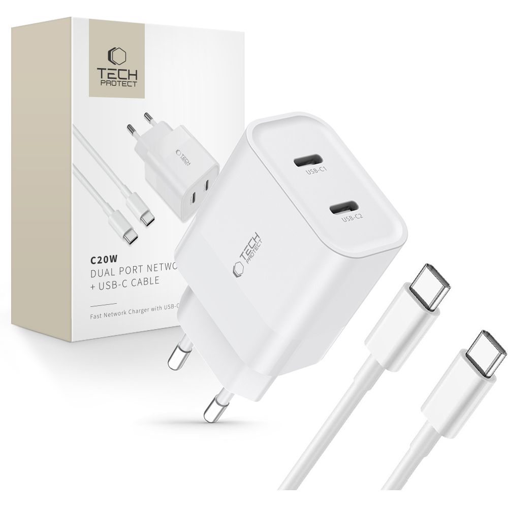 Tech-Protect C20W 2x USB-C PD 20W lādētājs ar USB-C / USB-C kabeli - balts