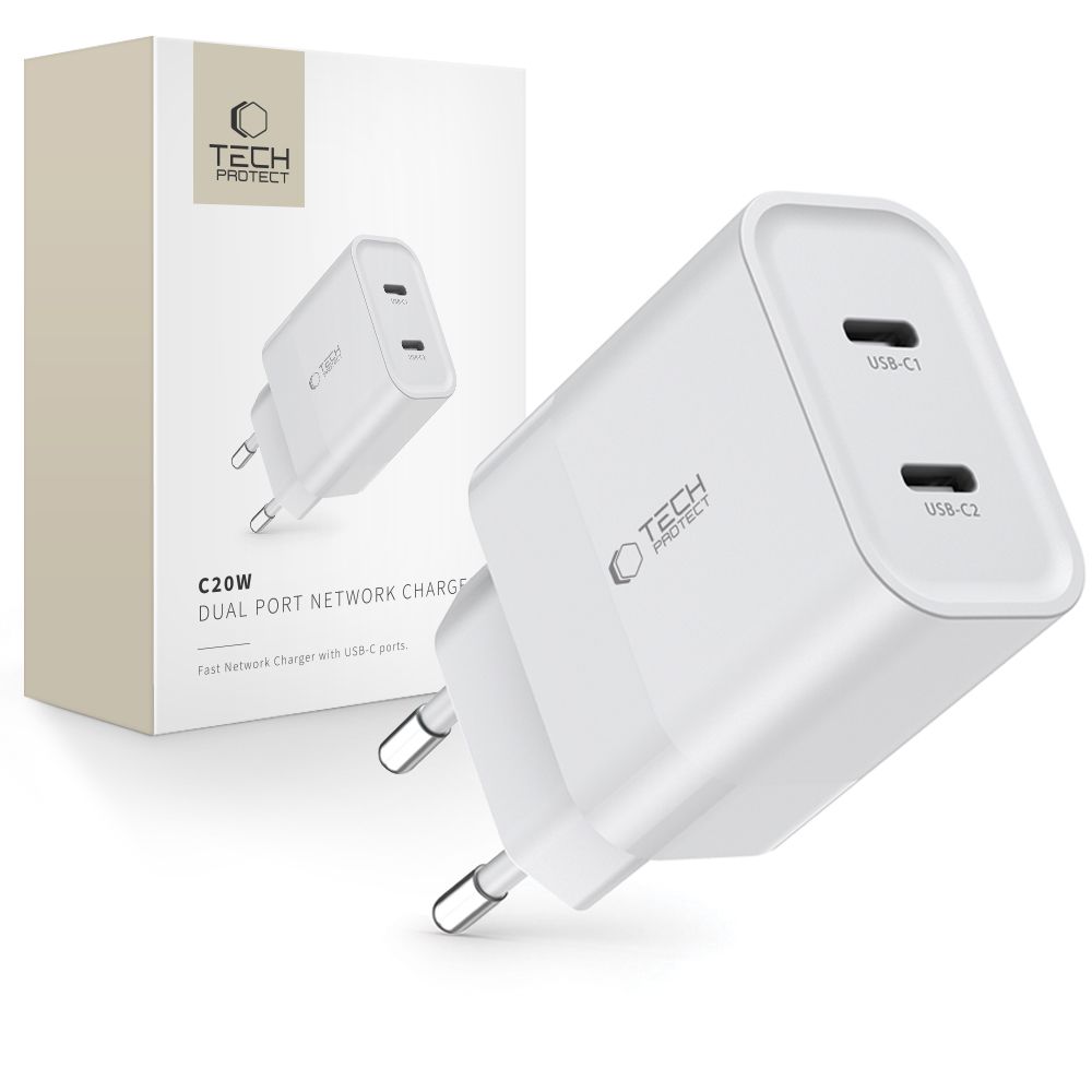 Tech-Protect C20W lādētājs 2x USB-C PD 20W - balts