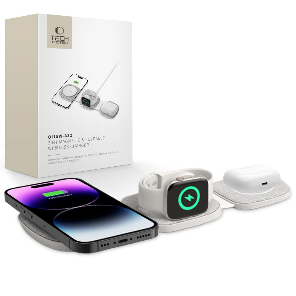 Tech-Protect QI15W-A32 3 vienā indukcijas lādētājs ar MagSafe viedtālrunim / Apple Watch / AirPods - pelēks
