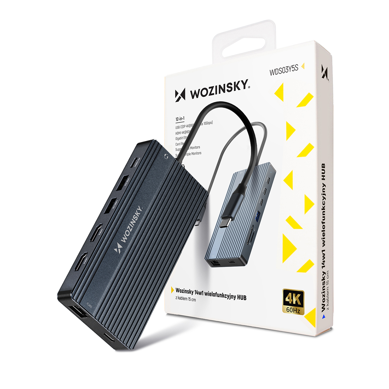 USB-C Hub 14 in 1 Wozinsky WDS03Y5S daudzfunkcionāls, alumīnijs, 3 monitoriem, ar 15 cm kabeli - pelēks