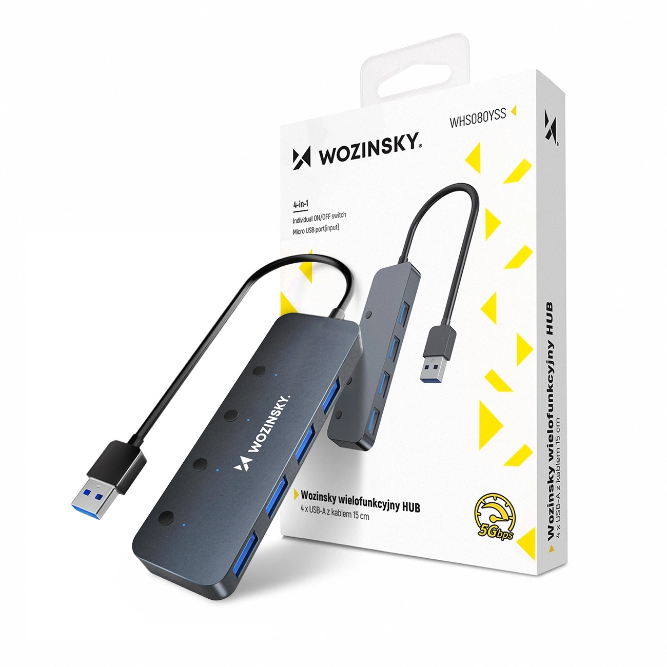 USB-A Hub Wozinsky WHS080YSS 4 x USB-A 3.0 ar atsevišķiem slēdžiem, alumīnijs, ar 30 cm kabeli - pelēks