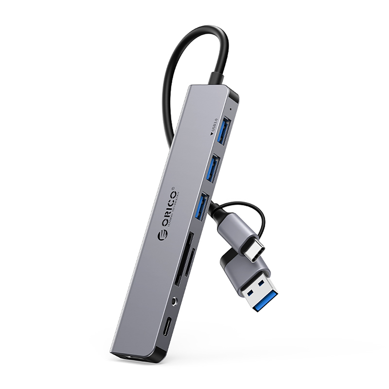 Orico YSA8-U3 USB-A/USB-C Hub dokstacija 3x USB-A 2.0 + 1x USB-A 3.0 + 1x USB-C 2.0 + 1x 3.5mm Audio + 2x TF&SD - pelēka