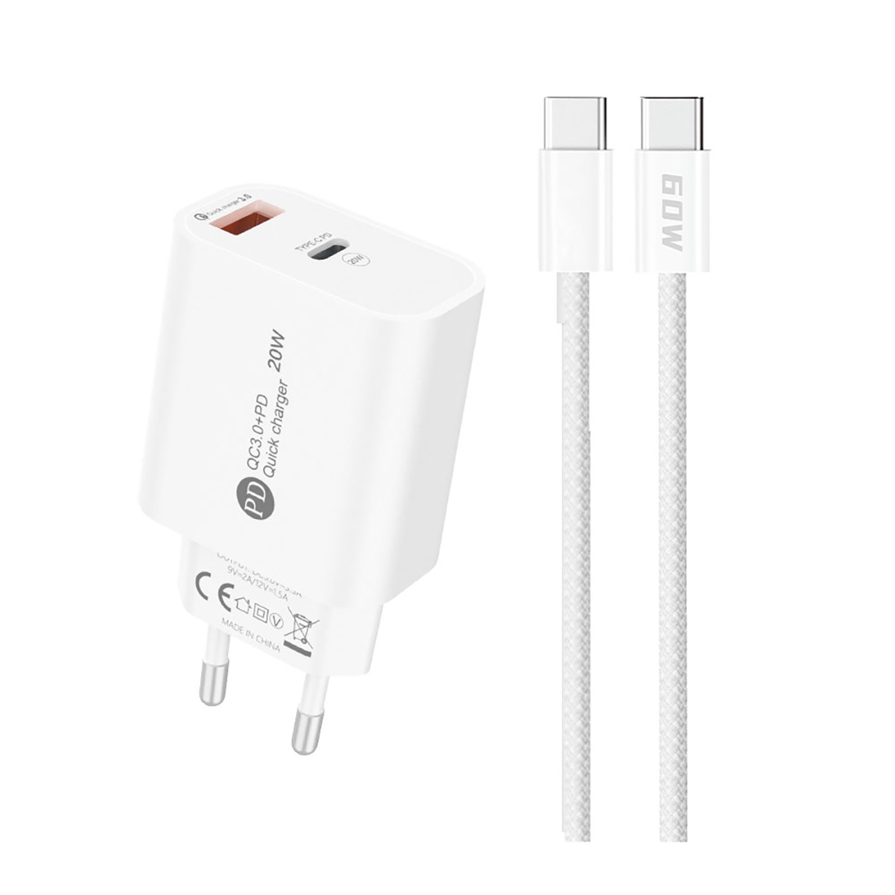 A6MaxL 20W USB-A USB-C sienas lādētājs ar USB-C - USB-C 1m kabeli – balts