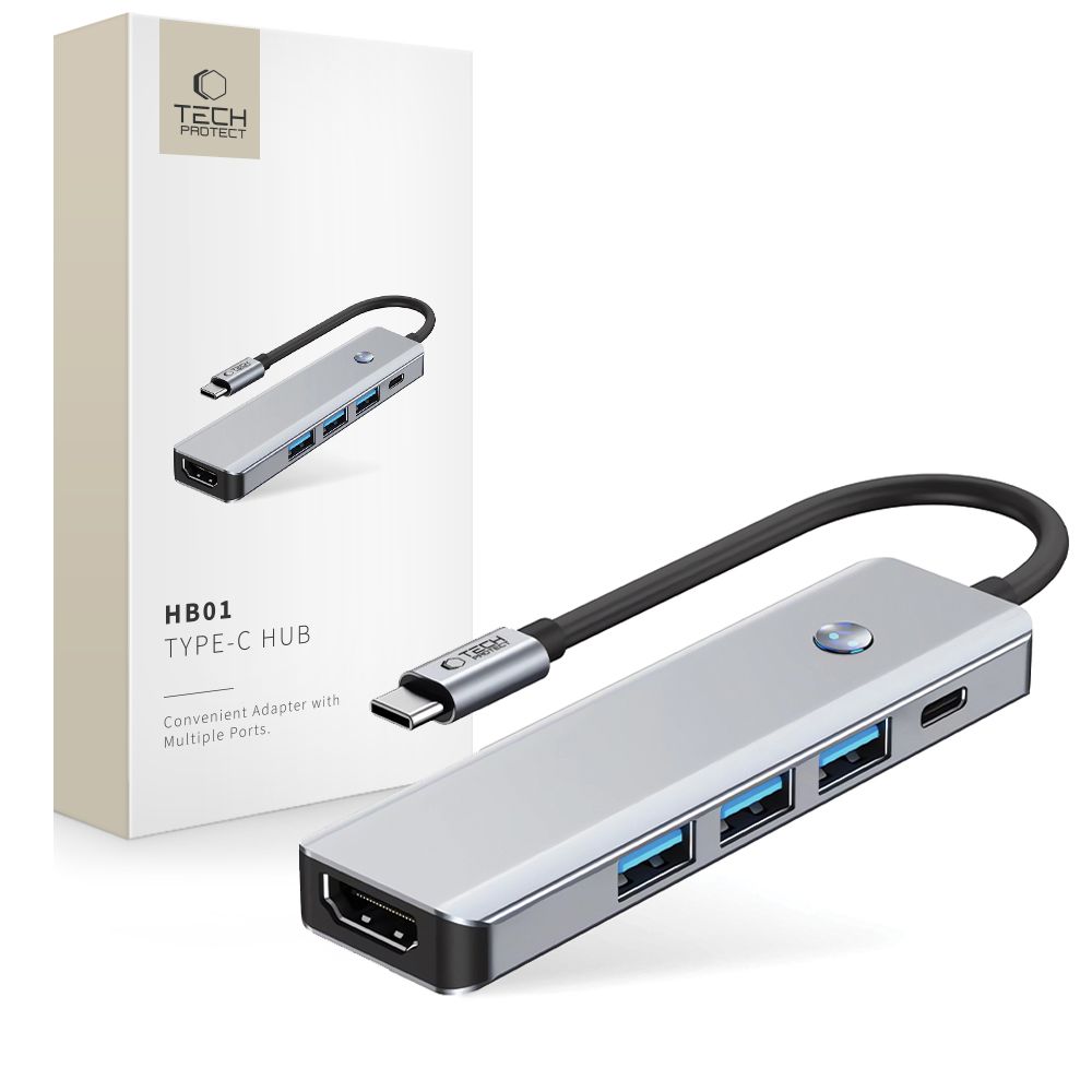Tech-Protect HB01 HUB adapteris 5in1 USB-C + USB3.0 + HDMI 4K 60Hz + PD100W - pelēks