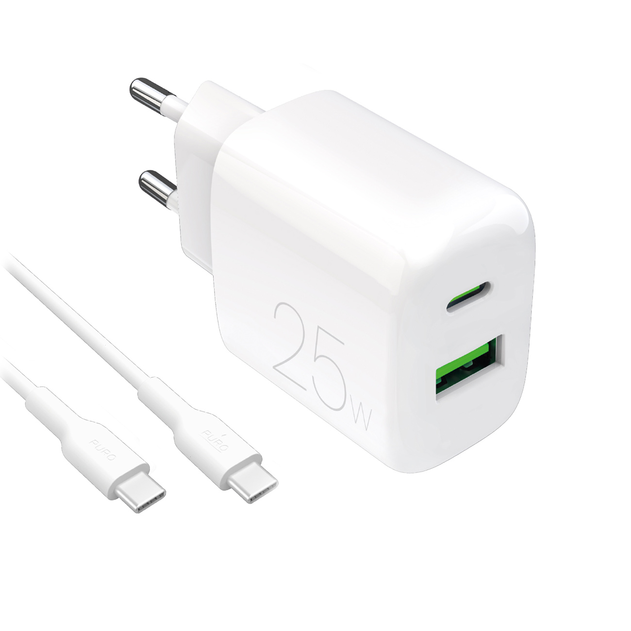 Puro PROLITE 25W USB-A / USB-C sienas lādētājs + USB-C - USB-C kabelis 1.2m - balts