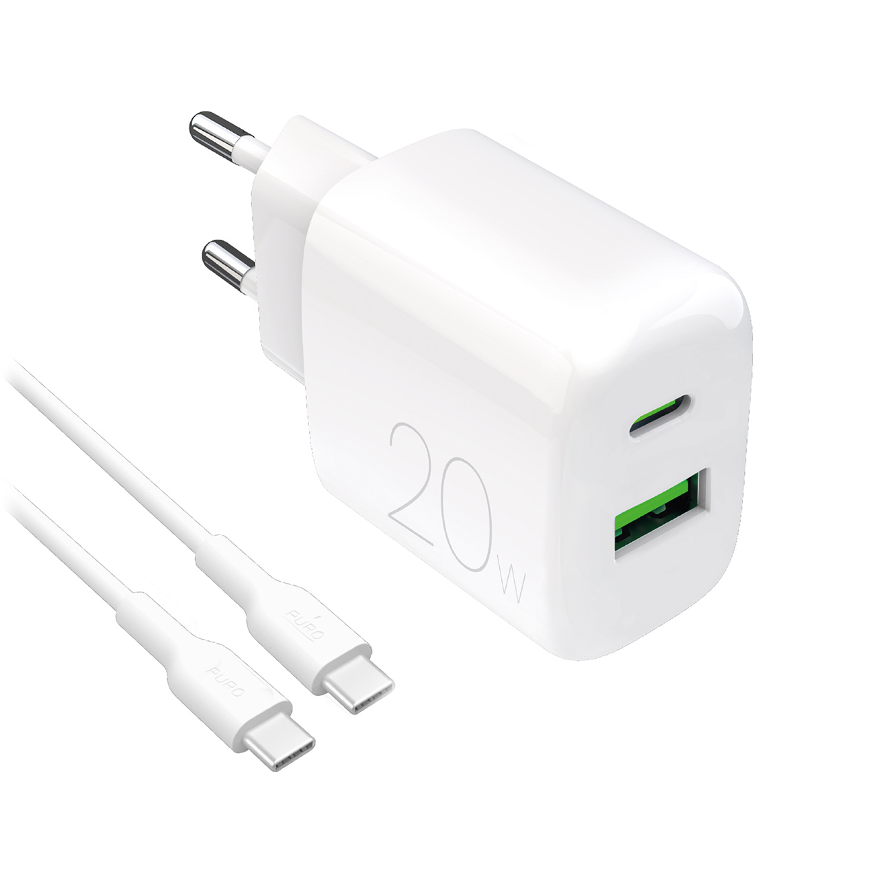 Puro PROLITE 20W sienas lādētājs USB-A / USB-C + USB-C - USB-C kabelis 1.2m - balts