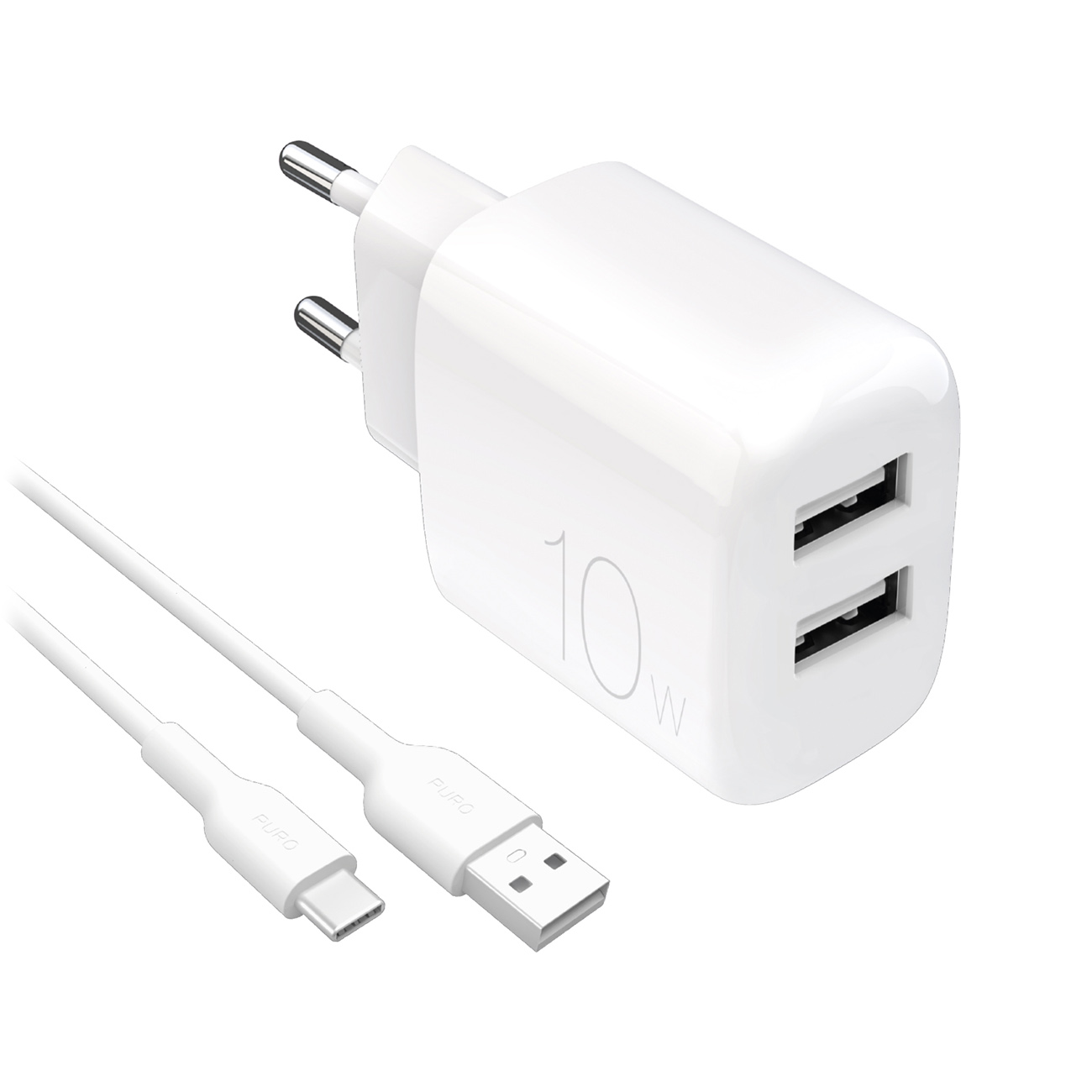 Puro PROLITE 10W 2x USB-A sienas lādētājs + USB-A - USB-C kabelis 1.2m - balts
