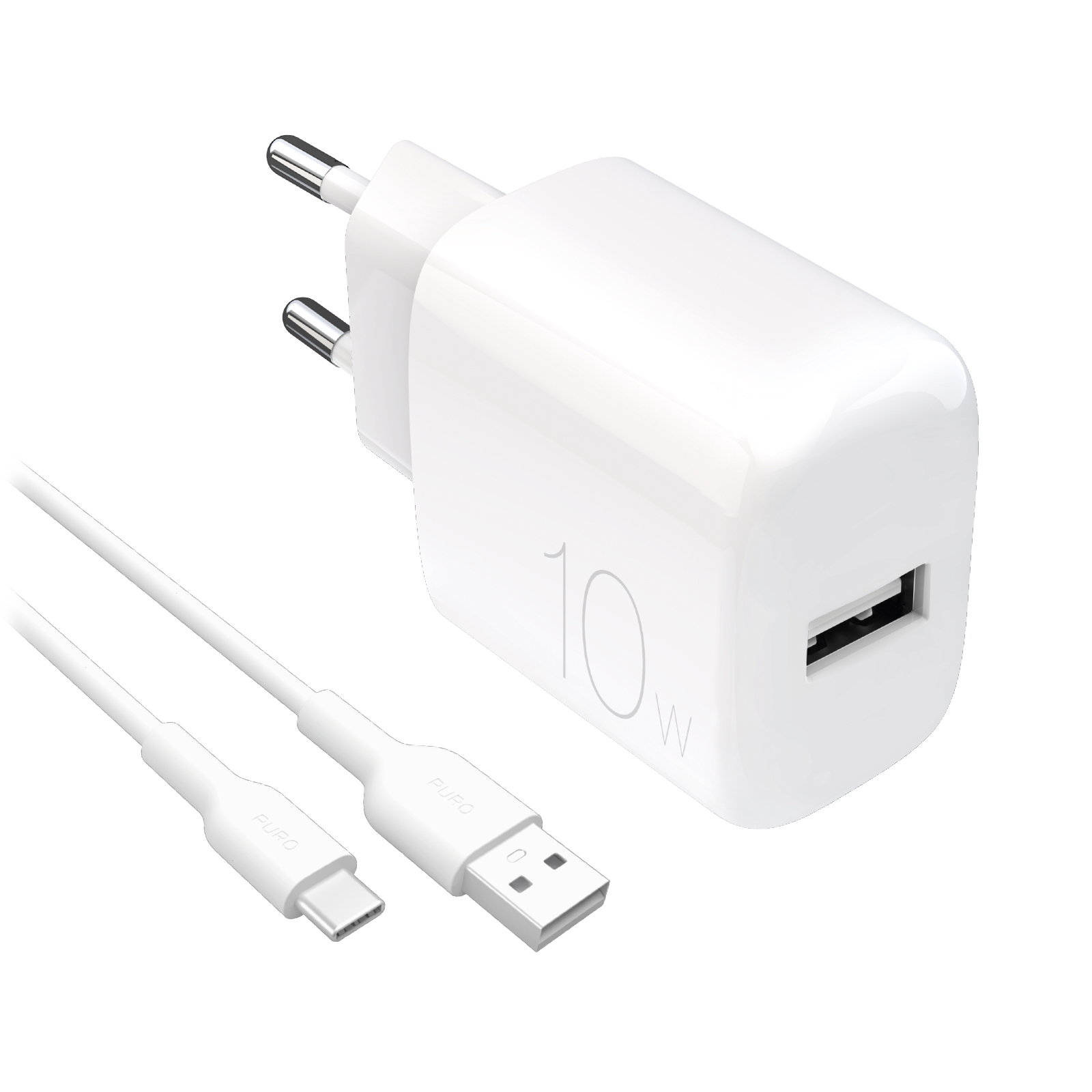 Puro PROLITE 10W USB-A sienas lādētājs + USB-A - USB-C kabelis 1.2m - balts