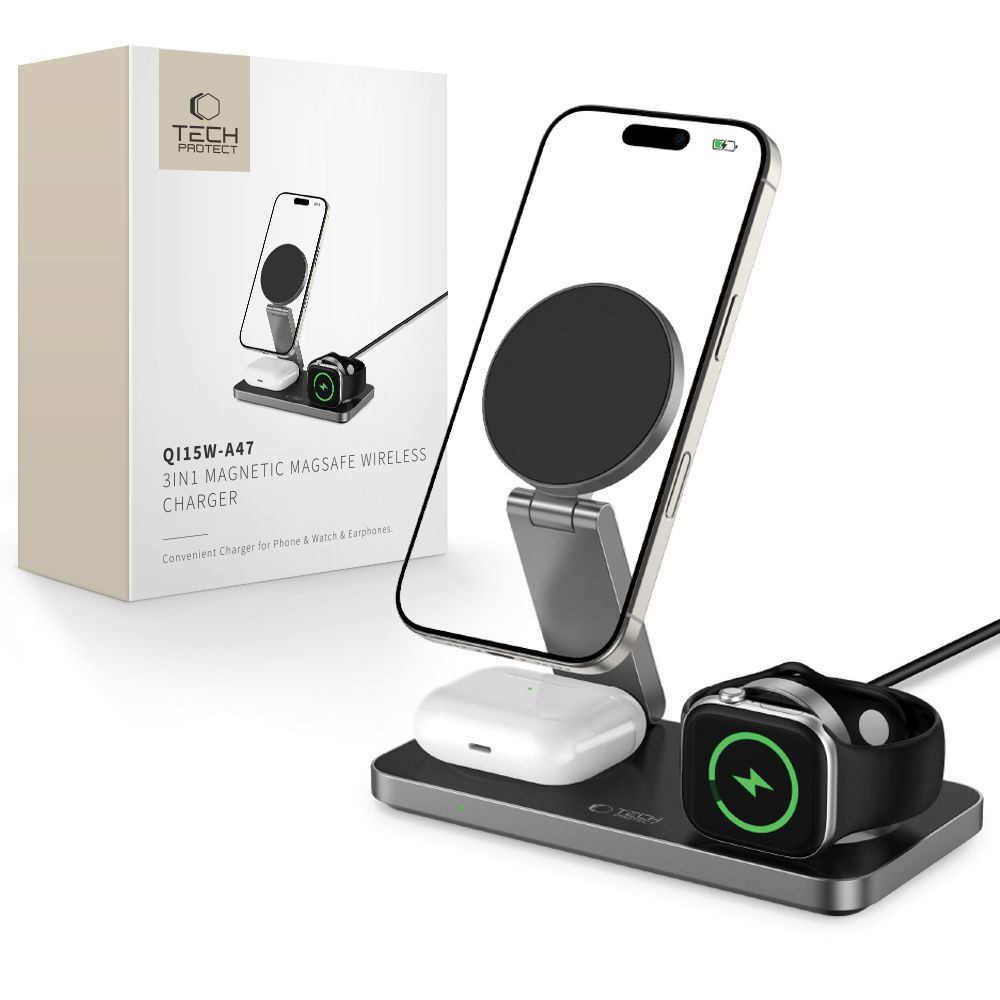 Tech-Protect QI15W-A47 MagSafe 3in1 indukcijas lādētājs + USB-C kabelis - melns