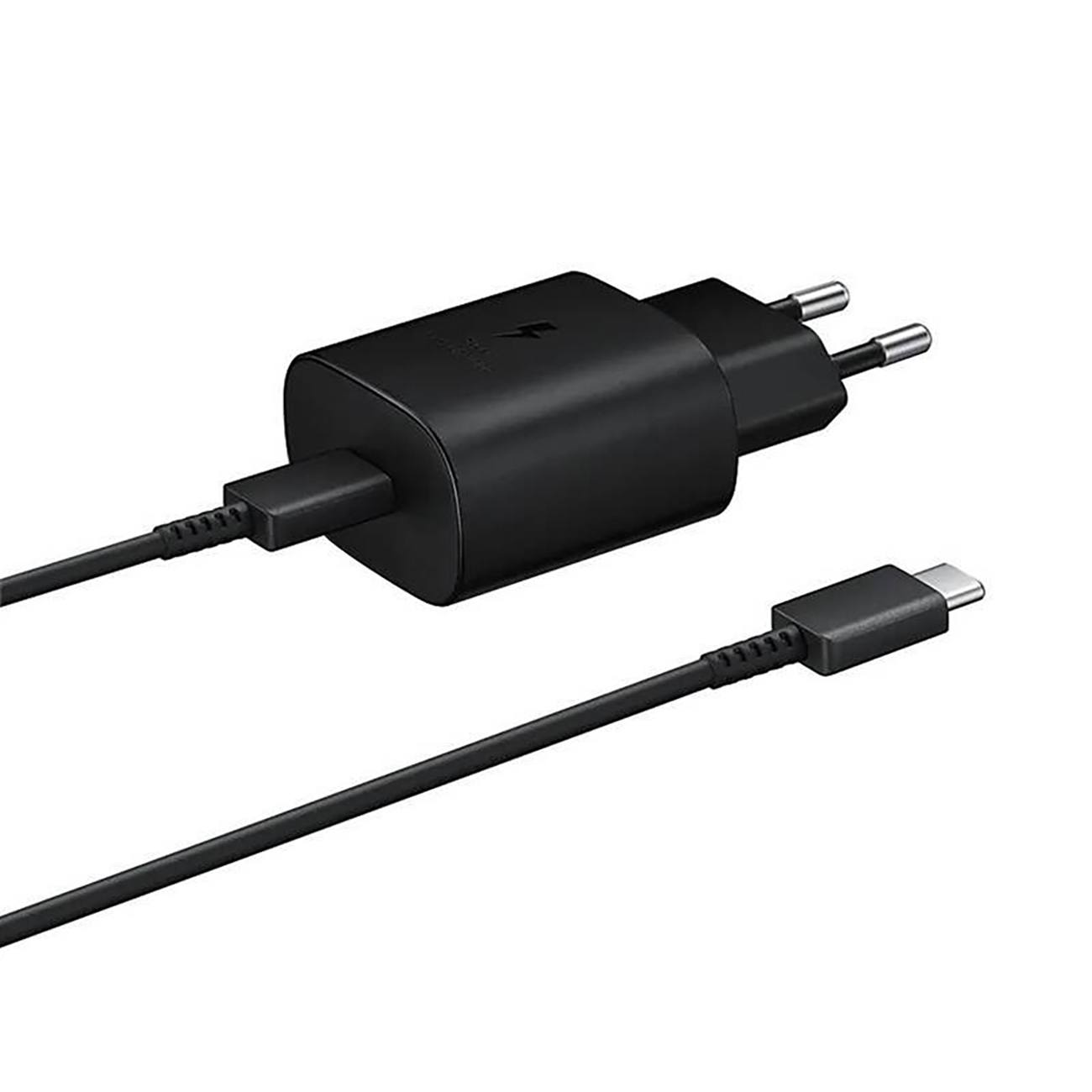 Samsung 25W EP-TA800EBE USB-C sienas lādētājs ar Samsung EP-DA705BBE USB-C / USB-C kabeli rezerves komplektā - melns