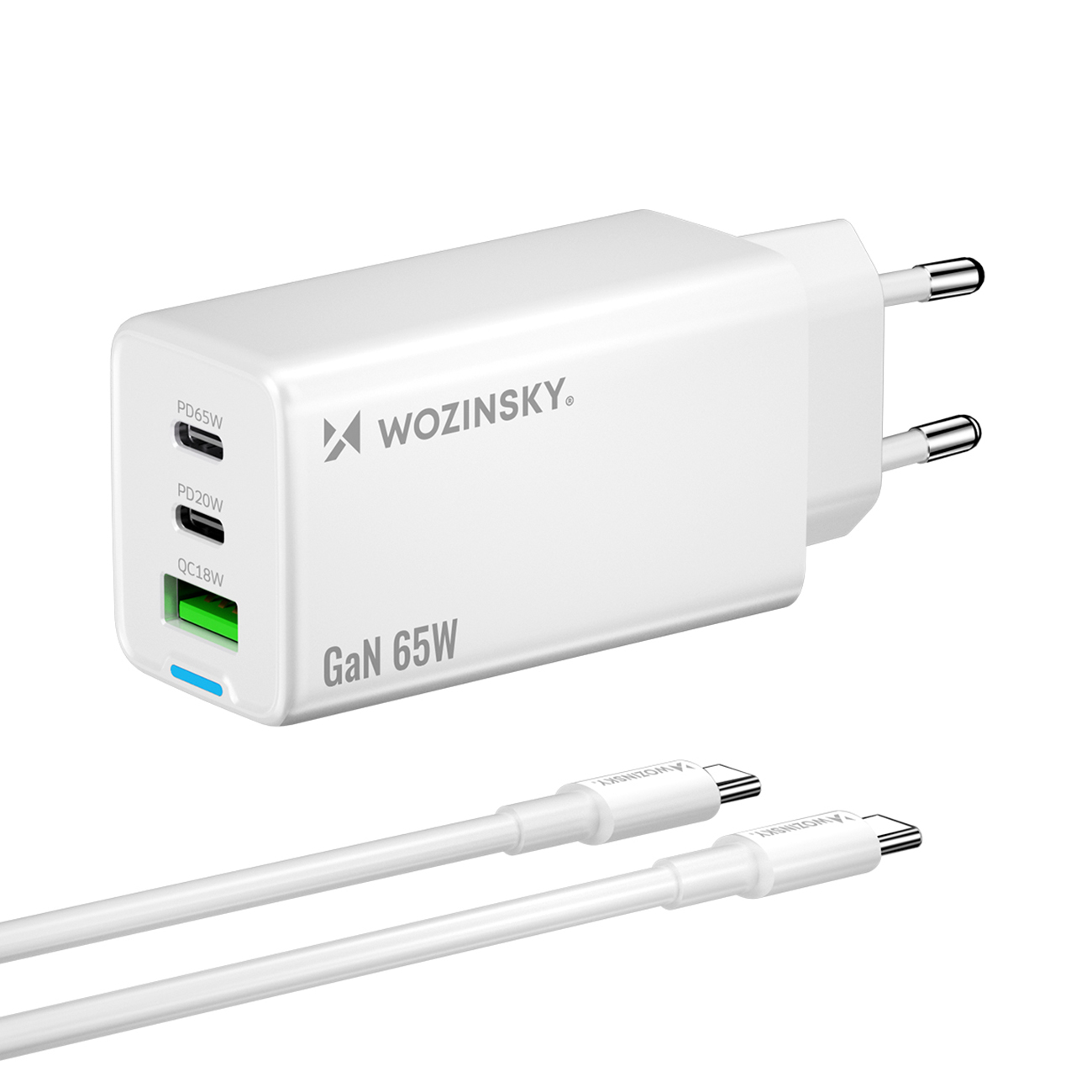 Wozinsky GaN 65W lādētājs ar USB-A un 2xUSB-C pieslēgvietām un 65W USB-C kabeli - balts