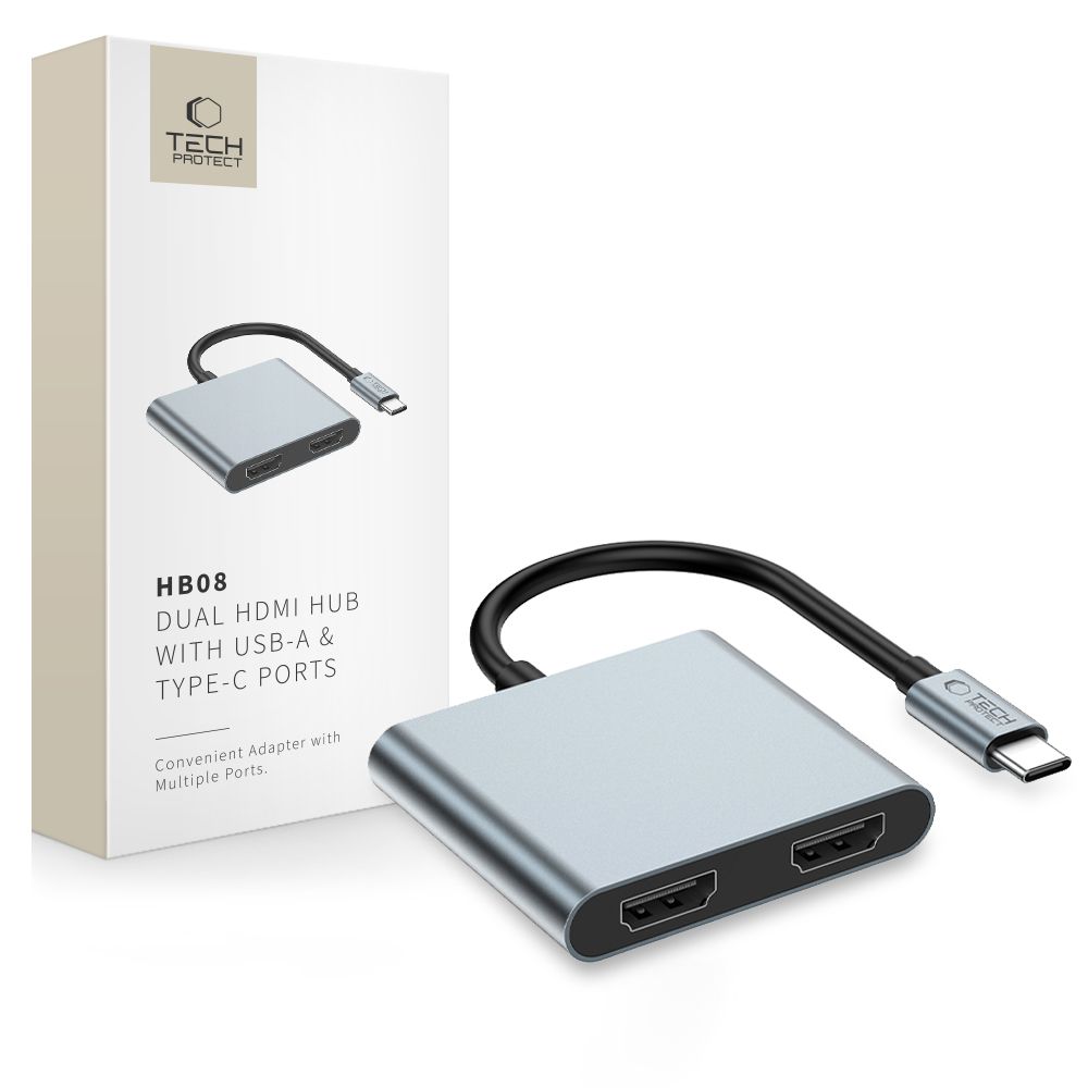 Tech-Protect HB08 4in1 USB-C + USB2.0 + 2 x HDMI 4K 60HZ adapteris - pelēks