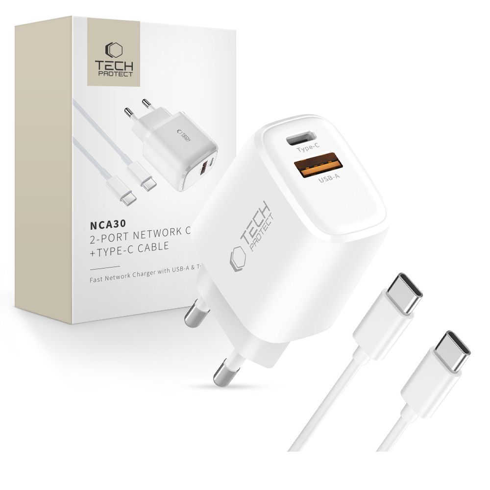 Tech-Protect NCA30 PD 30W QC3.0 USB-A / USB-C sienas lādētājs + USB-C / USB-C kabelis 100cm - balts