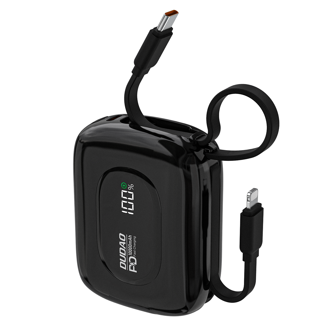 Dudao K32 22.5W 10000mAh portatīvais lādētājs ar iebūvētu USB-C / Lightning kabeli - melna