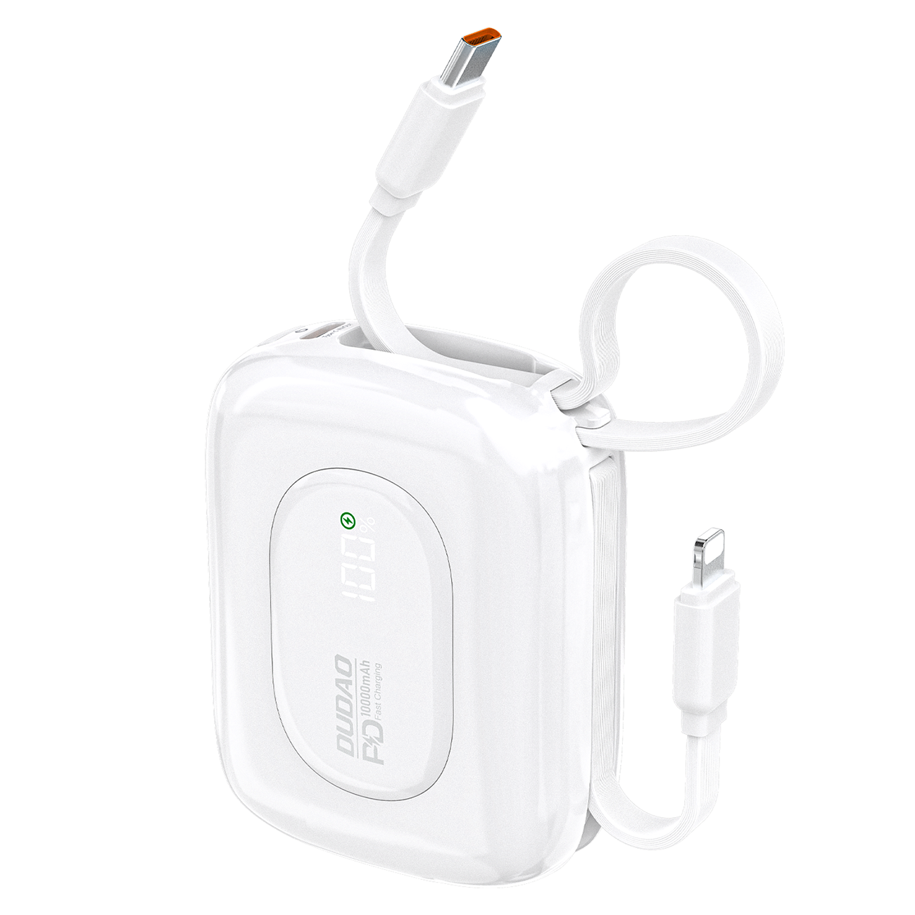 Dudao K32 22.5W 10000mAh portatīvais lādētājs ar iebūvētu USB-C / Lightning kabeli - balta