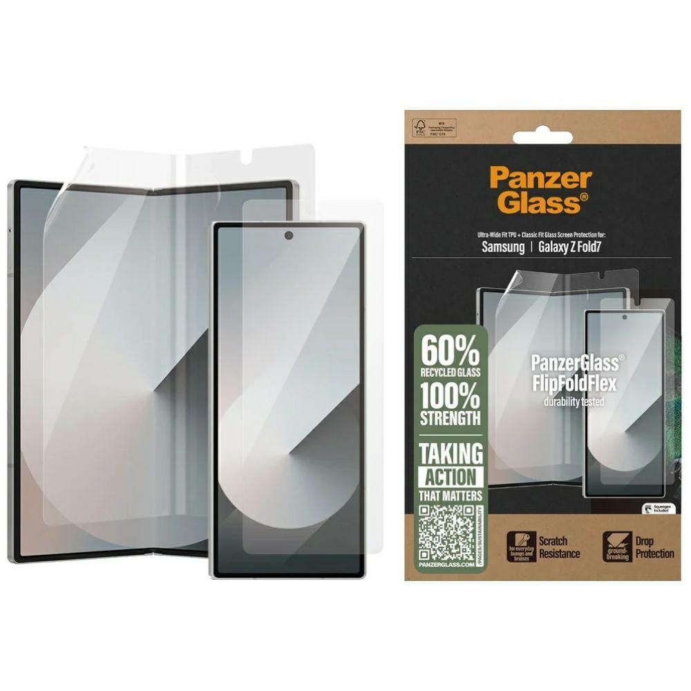 PanzerGlass FlipFoldFlex 2-in-1 aizsargkomplekts Classic Fit stikls + Ultra-Wide Fit TPU plēve Samsung Galaxy Fold7 viedtālrunim