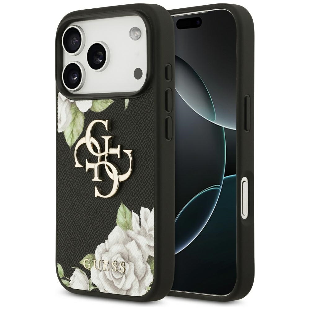Guess Grained Roses & Big 4G Logo iPhone 17 Pro futrālis - melns